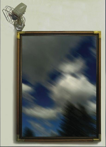 Claudio Rosi, Tempesta, <br />digital photo on epson paper gr 285, frame and fan antique, acrylic on fan, 2018, 125 x 85 x 30 cm