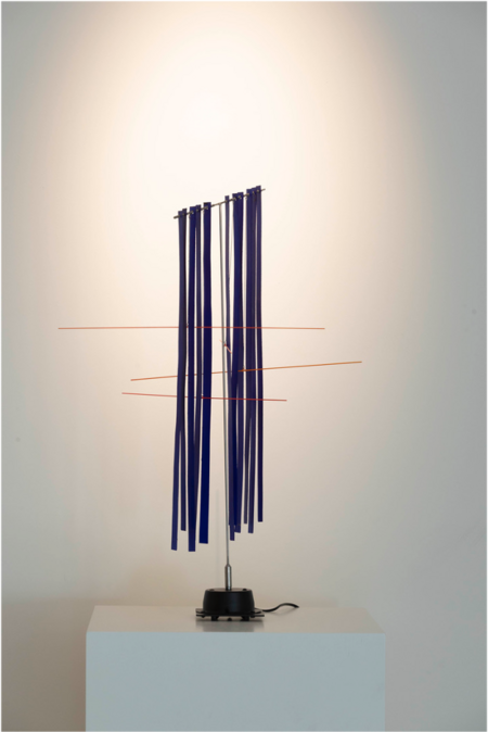 Knopp Ferro, Blue poetry 16:56, 2021, Stainless steel, aluminum, ultramarine blue color, electronic motor, 78 x 54 x 22 cm