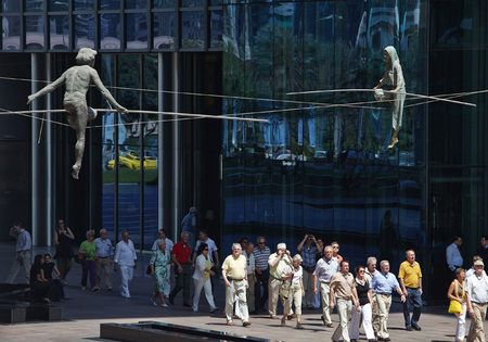 Jerzy Kedziora, Crossing Man II, 2017, balancing sculpture, the own technique, refined epoxy resins, 225 x 190 x 70 cm + 6 m pole. Courtesy of the Art&Balance Foundation