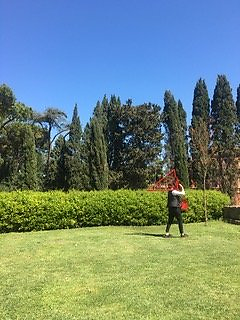 Janine von Thungen on a walk with her work Large Red Strings