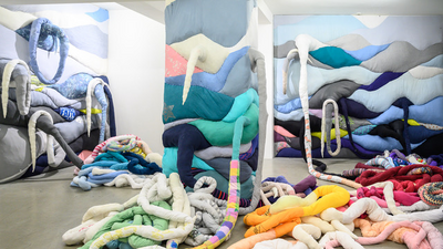Nevena Ekimova, Pyjama Party in the Belly of the Whale, 2022, installation Wall panels and tentacles made of donated garments, pillow stuffing variable dimensions. Photo Rosina Pencheva
