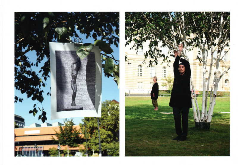 Moving Female Sculpture, Birgit Szepanski, Performance (2023) at Steinplatz in front of the University of the Arts, Berlin. Handout with image of Renée Sintenis' sculpture Daphne (1918) hanging from a tree. Photos: Susanne Brodhage