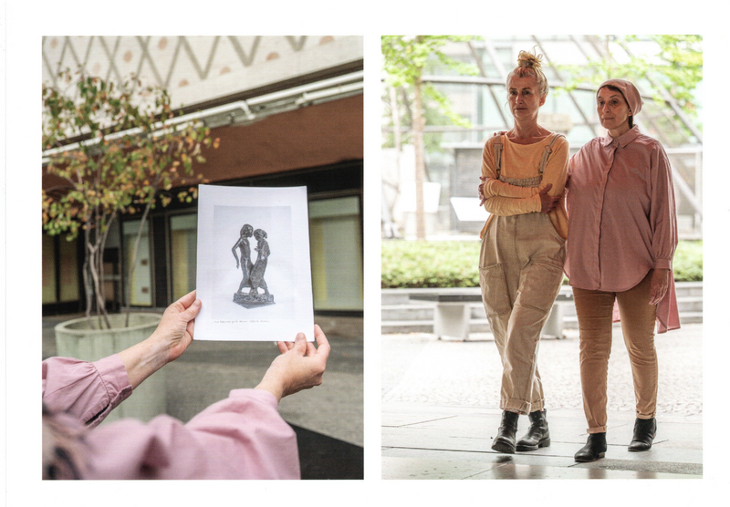 Moving Female Sculpture, Birgit Szepanski und May Ament, Performance (2023) at Kantstraße/ Joachimsthaler Straße in the Aviary Garden, Berlin. Handout with image of Tina Haim-Wentscher's Two Dancing Balinese Girls (1930s). Photos: Frank Peters