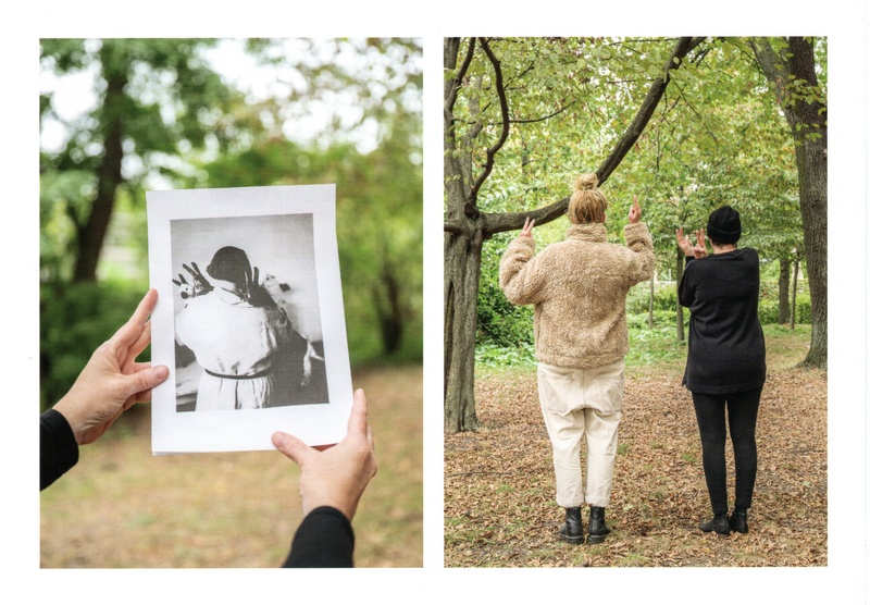 Moving Female Sculpture, Birgit Szepanski und May Ament, Performance (2023) at the Zoological Garden, Berlin. Handout of a photo of Christa Winsloe with her rabbits (1926). Photos: Frank Peters