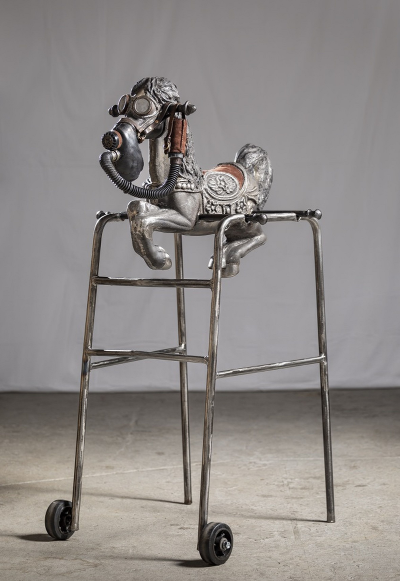 Marsha Pels: Towards Bethlehem. 2021, Patinated cast iron, steel, leather, and rubber 147 x 71 x 91 cm.