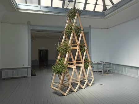 Menno Hiele, Original Function #2 – Trestles 2018. Processed wood, OSB, water, plants, tubes, crates, handmade pvc reservoirs and  pump, 200 x 150 x 350 cm