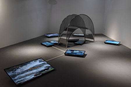 video screens, video, stainless steel, wire mesh.