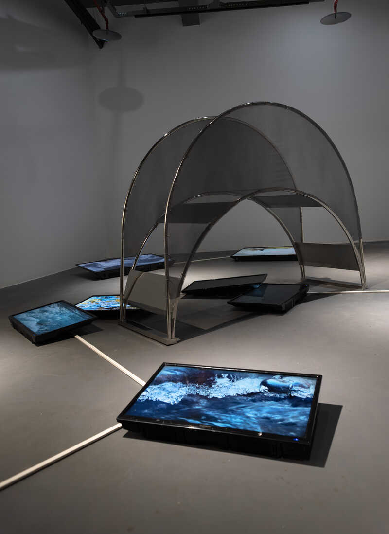 video screens, video, stainless steel, wire mesh.