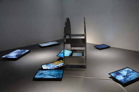 video screens, video, stainless steel, wire mesh.