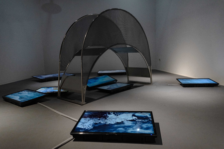 video screens, video, stainless steel, wire mesh.