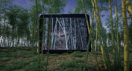 Bamboo, concrete, steel, digital image, LED lights box, sound, speaker