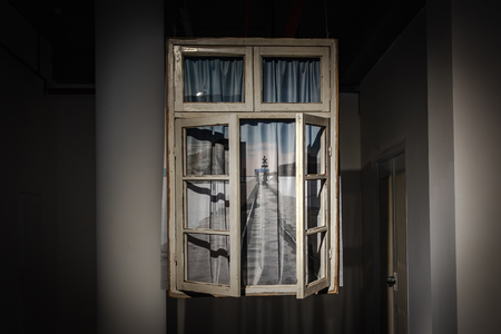 digital print polyester mesh fabric, found wooden frame with glass