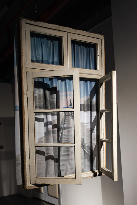 digital print polyester mesh fabric, found wooden frame with glass