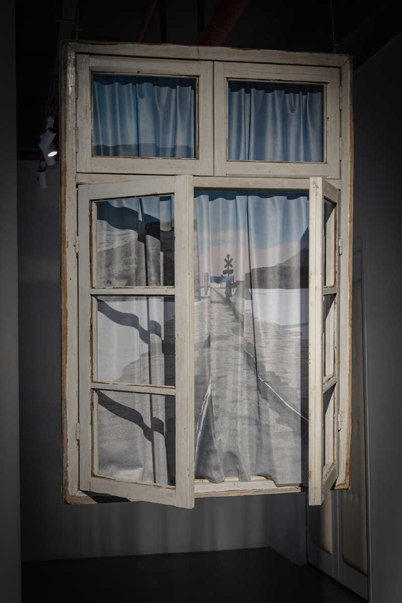 digital print on polyester mesh fabric, found wooden frame with glass