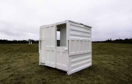 doors collected from homes, timber, brackets, aluminum rail, paint,