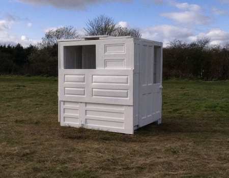 doors collected from homes, timber, brackets, aluminum rail, paint,