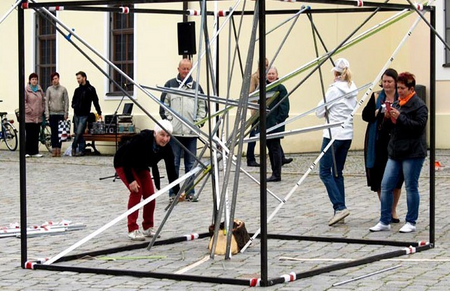 Mabois - Unknown manuscript, Forst Lausitz, 2014. Performative installtion, steel, zinc, wood, sound, 300 x 400 x 350 cm