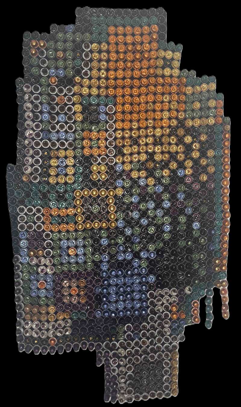 2. Kapselbaum 1, 2025, 102x178x3, Aluminium Kaffee Kapseln, Draht, Stoff, Holz.jpg bbb