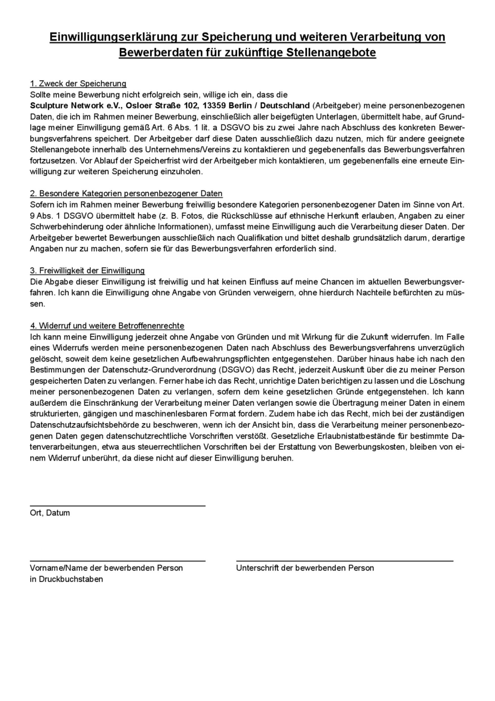 Bewerbung Einwilligung zur Speicherung
