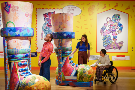 Jason Wisher-Mills, Calliper Boots, 2024  from Jason and the Adventure of 254  at Wellcome Collection. Photo Benjamin Gilbert