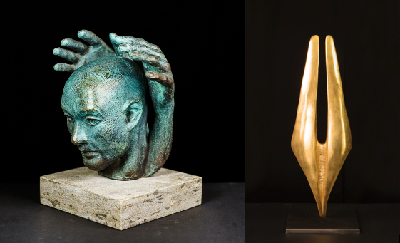 Hans Heinze, Die Möglichkeit einer Entfaltung, 2024, Bronze patiniert (li). Ode an die Freude, 2024, Bronze. Fotos: T. Strom.