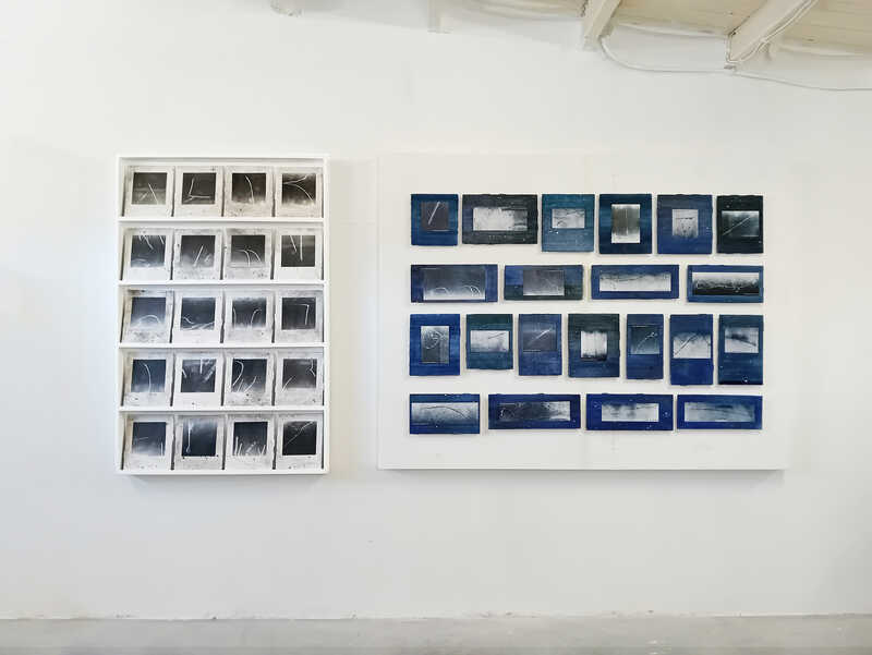 2026 Particle Tracks in Cloud Chamber June 9 '25 - 122x80x6,5 and Cobalt Blue Cloud Chamber Photos - 122x160x6,5 cm - photography on ceramics - wood