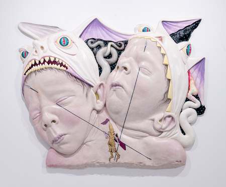 Andros Foros, Beast at Night, 2022, colored acrystal, gold leaf and epoxid, 153 x 123 cm