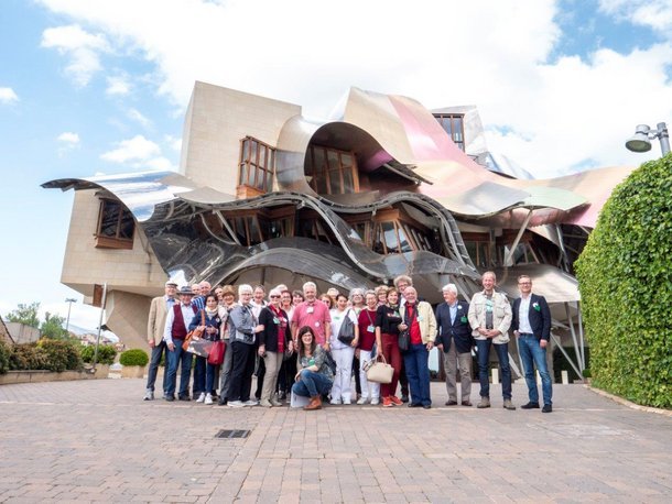 Ralf Kirberg and participants of the art trip to Basque country, 2018, in front of Bodega MarquÃ©s de Riscal,  designed by Frank Gehry.