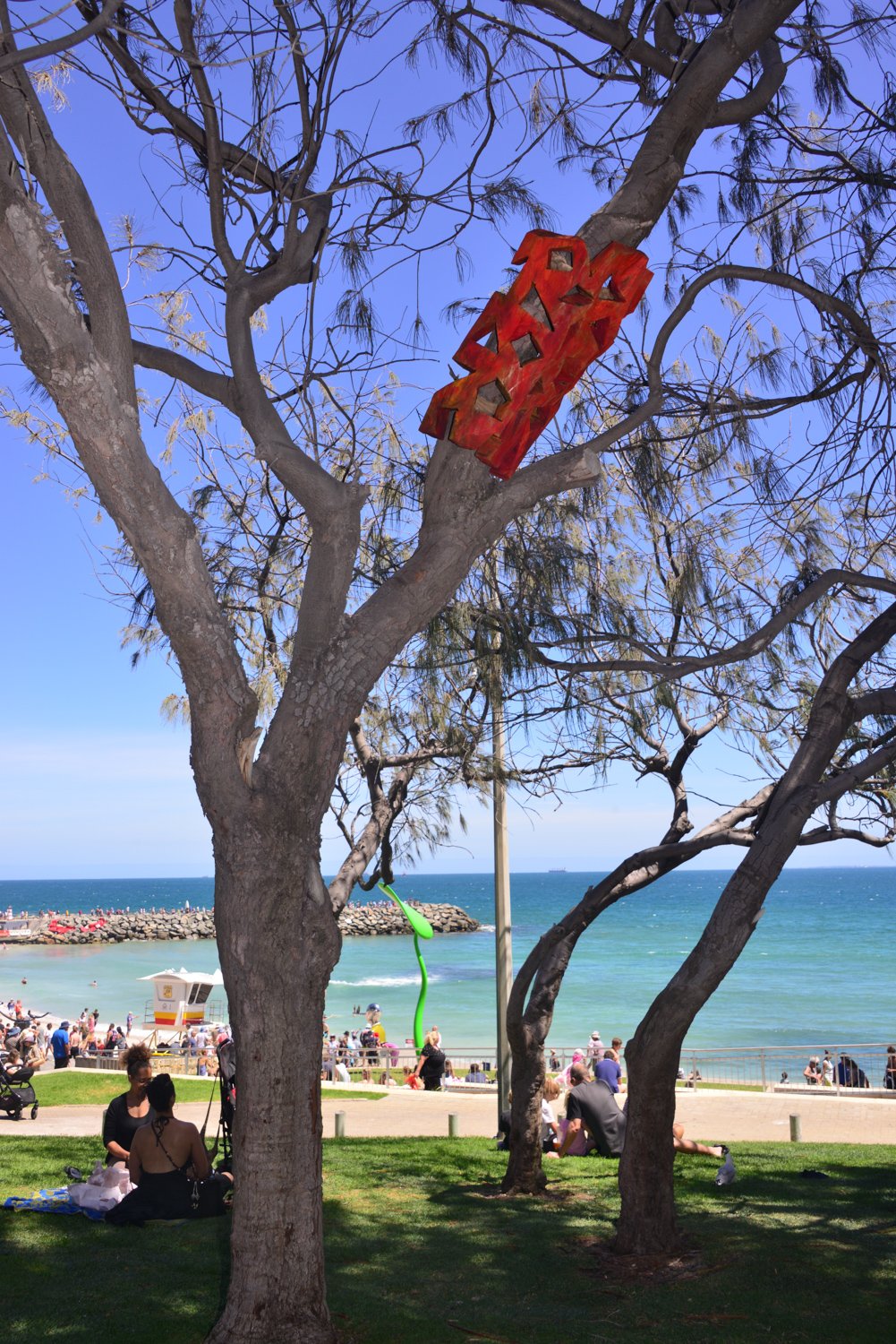 Heike Endemann, Crawing Cottesloe, wood, painted, ca. 98 x 52 x 34 cm, Sculpture by the Sea, Cottesloe 2019 ©Clyde Yee