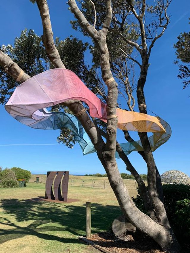 "Emergent", Christine Simpson, Hirofumi Uchino, stainless steel, aluminium mesh, automotive paint, directional speaker & cable, 340 x 48 x 48 cm, Photo: Elly Buckley