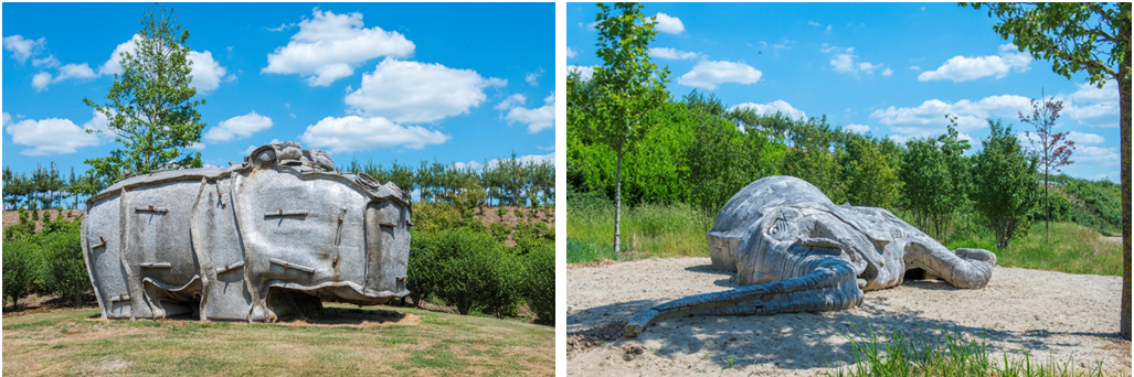 Left: Tom Claassen (1964, NL) Hippomal, 2005, polyester, steel; Right: Kevin van Braak (1975, NL), Elephant, 2015, teak wood, ca. 850 x 350 x 140 cm